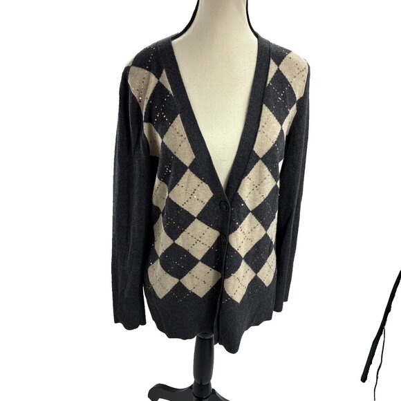 Banana Republic Womens Size M Cardigan Sweater Gray Beige Argyle Knit Button - Picture 1 of 8